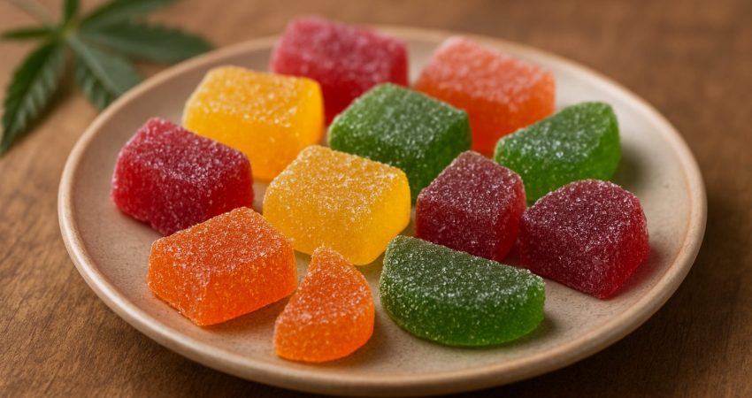 Colorful cannabis-infused gummy candies on a wooden plate with a cannabis leaf in the background